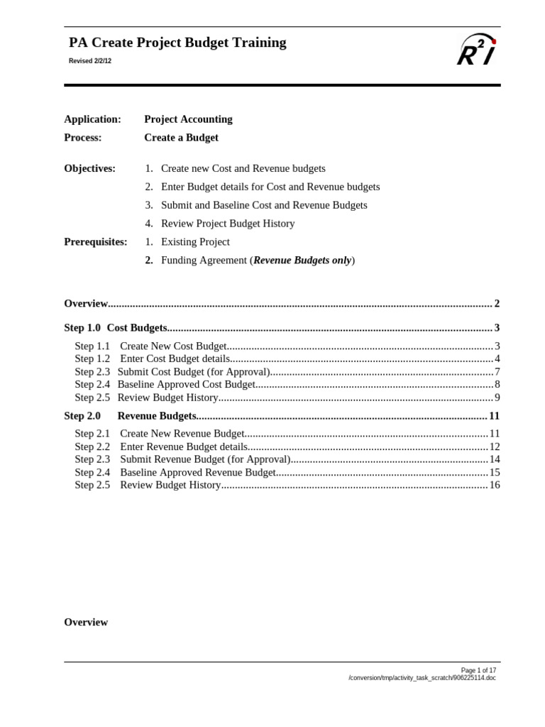 23602-2.1.2 PA Create Project Budget Training | PDF | Budget | Baseline ...