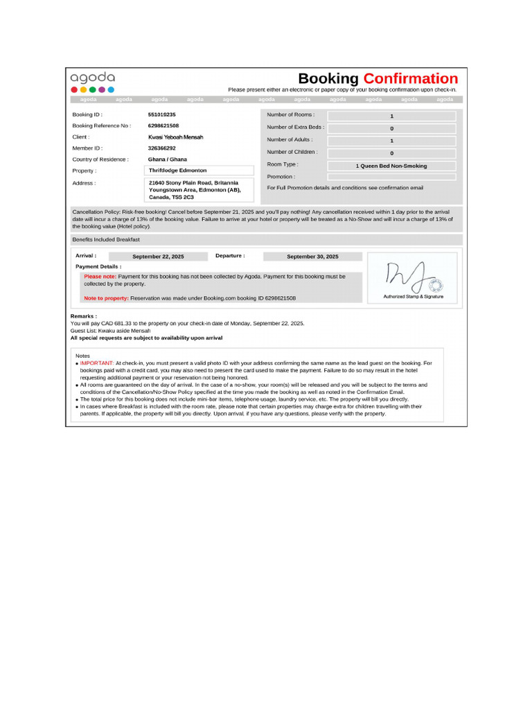 Confirmation For Booking ID # 551019235 | PDF