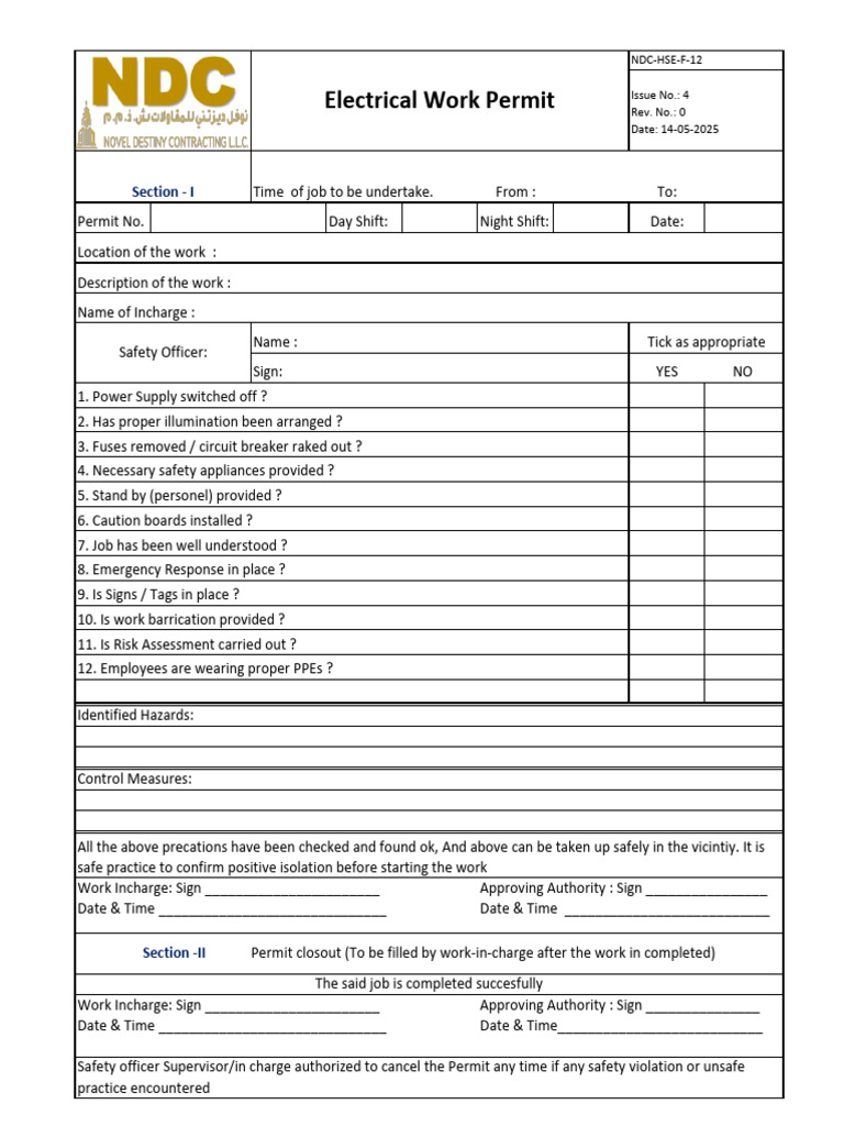 Electrical Work Permit Checklist | PDF