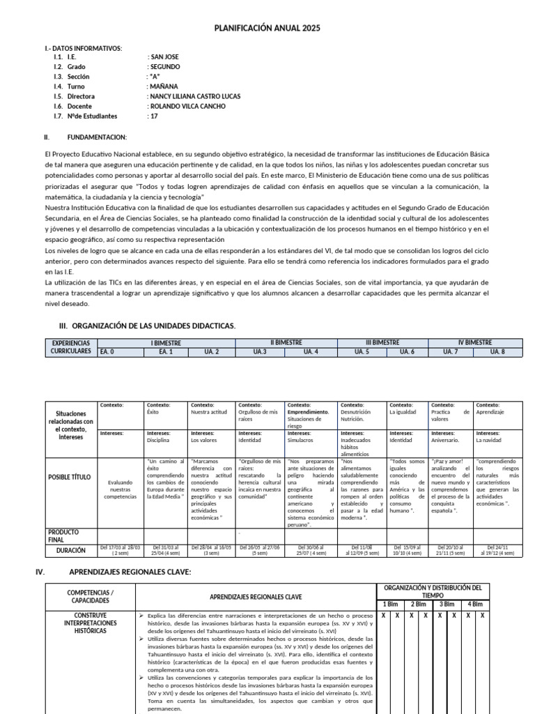 Planificación Anual 2025 para Segundo Grado | PDF | Evaluación ...