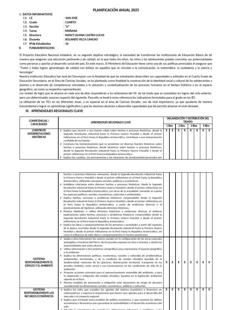 Planificación Anual 2025 Cuarto Grado | PDF | Evaluación | Aprendizaje