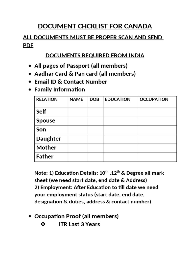 Canada Immigration Document Checklist | PDF