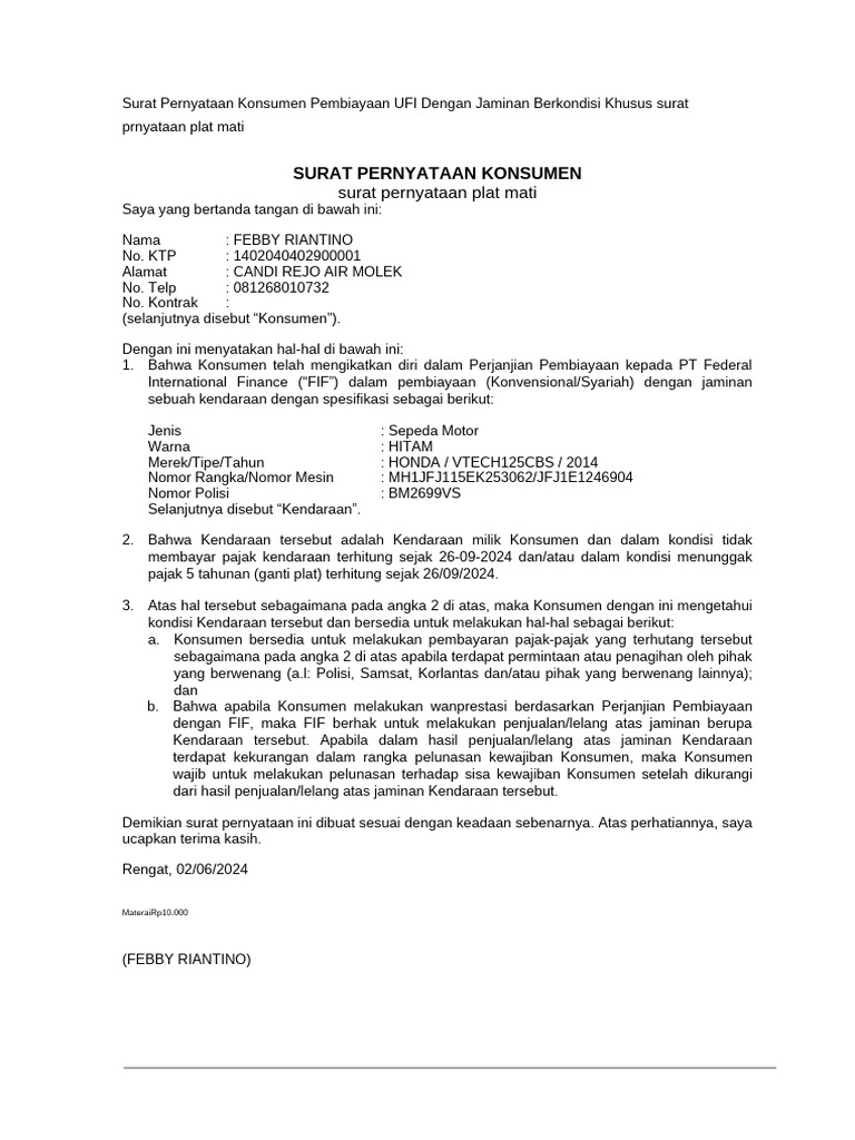 Draft Surat Pernyataan Konsumen Pembiayaan UFI Dengan Jaminan ...