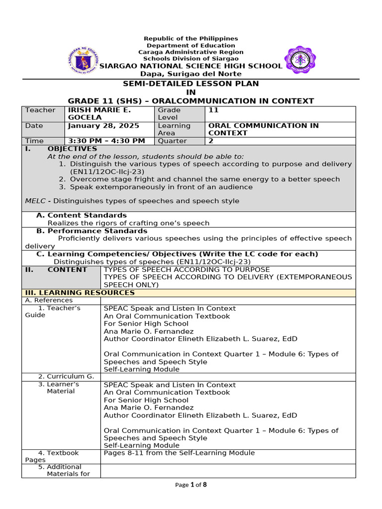 Grade 11 Oral Communication Lesson Plan | PDF | Learning | Public Speaking