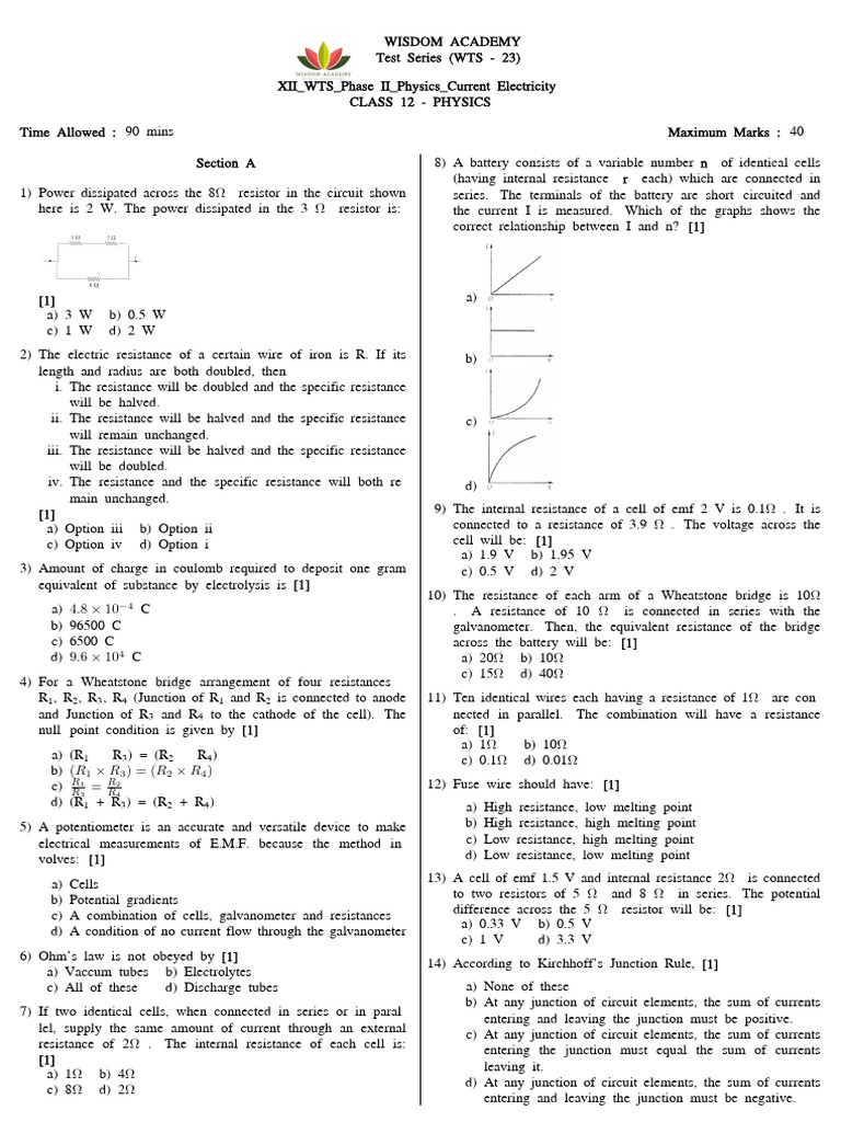 Class 12 Physics Test: Current Electricity | PDF | Electric Current ...