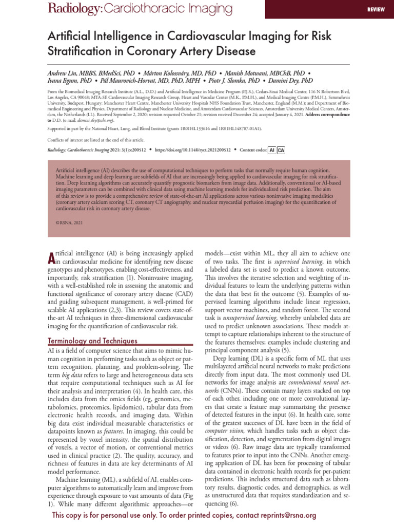 AI in Cardiovascular Imaging for Risk Assessment | PDF | Ct Scan ...