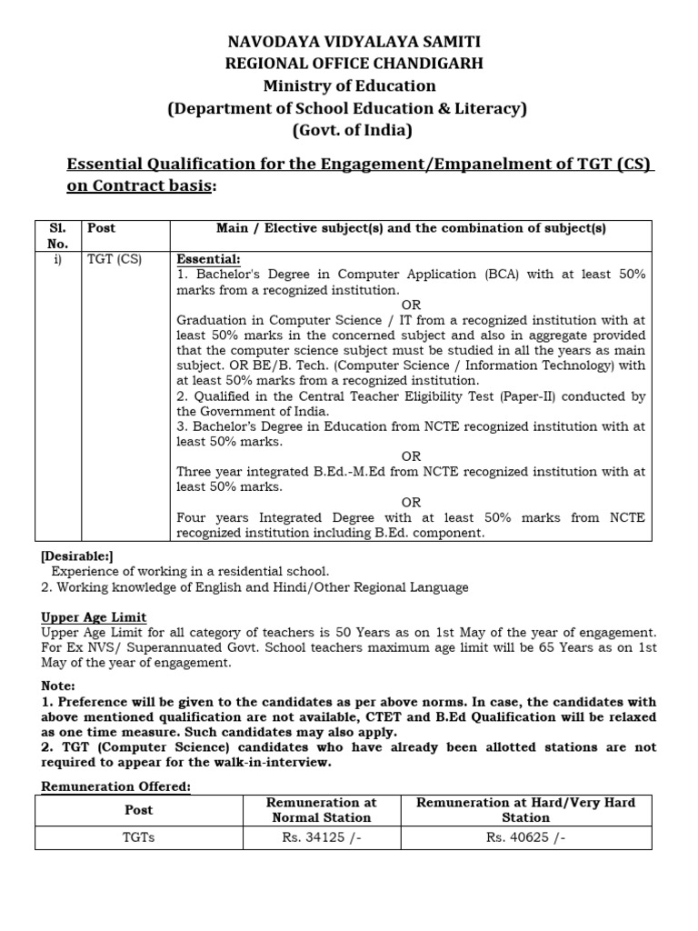 TGT (CS) Eligibility Criteria for NVS | PDF | Qualifications
