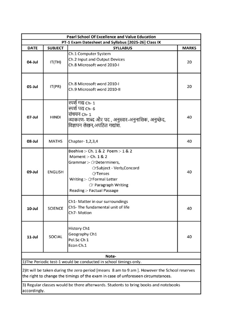 Updated Pt-1 STD Ix Datasheet and Syllabus 2025-2026 | PDF