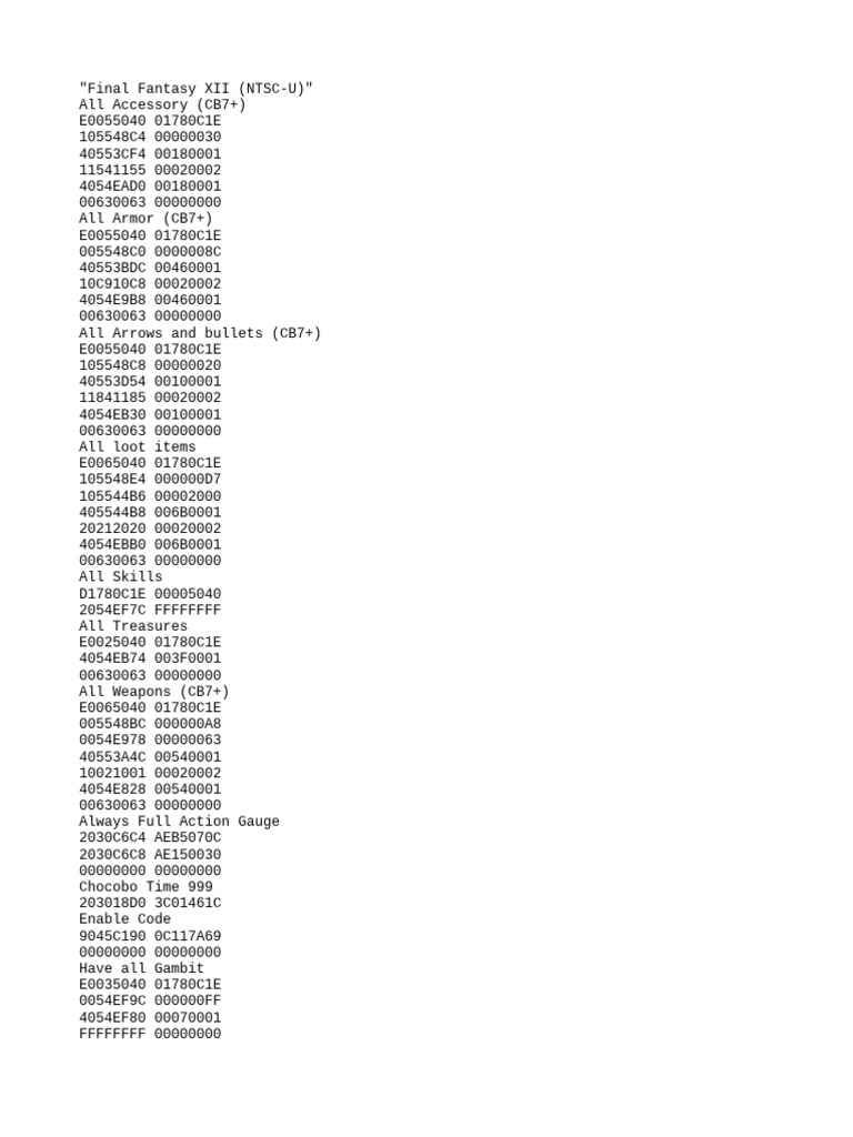 Final Fantasy XII Cheat Codes Guide | PDF
