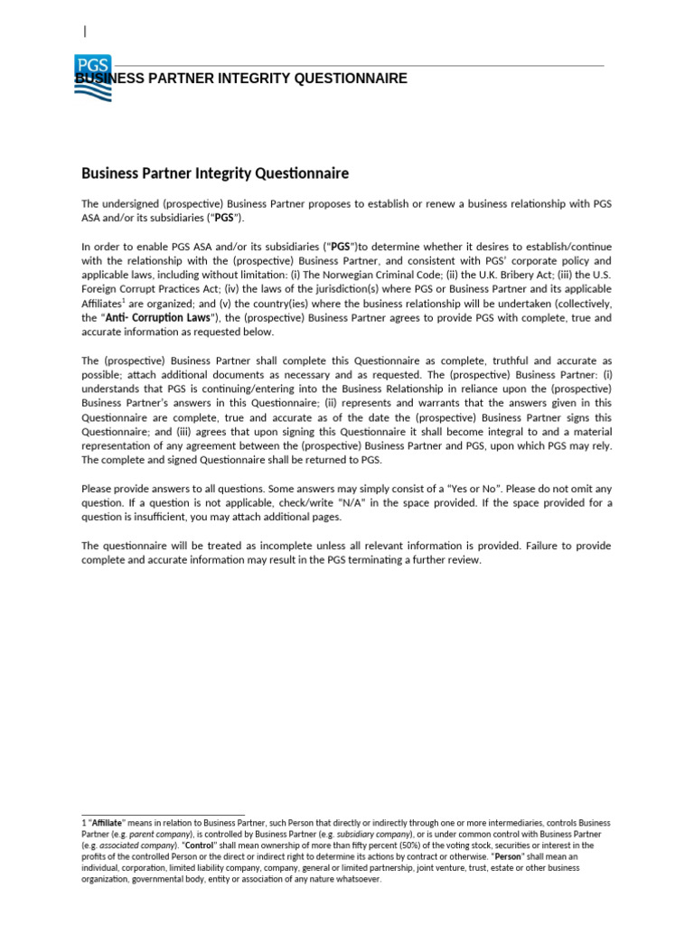 Business Partner Integrity Questionnaire | PDF | Indemnity | Business Law