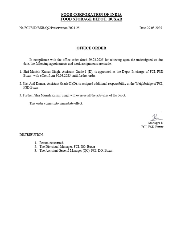 Depot In-Charge Appointment Order | PDF