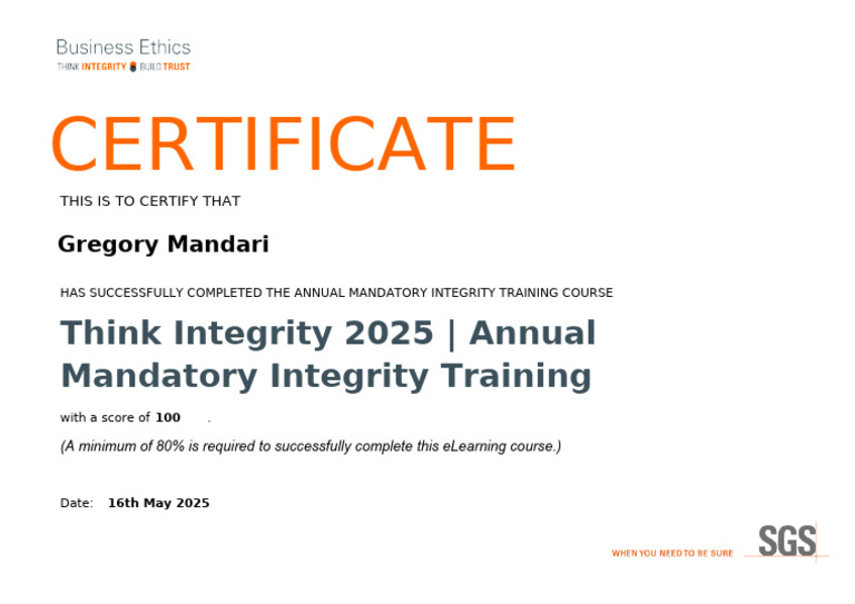 Integrity Training Completion Certificate | PDF