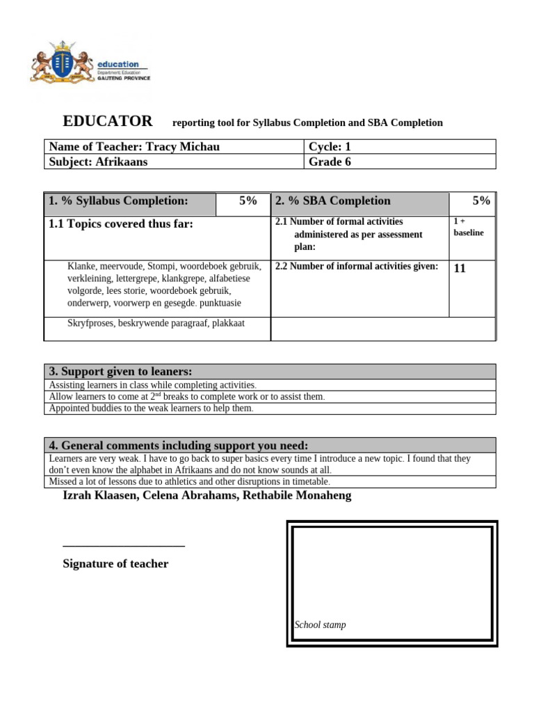 Afrikaans SBA Progress Report | PDF