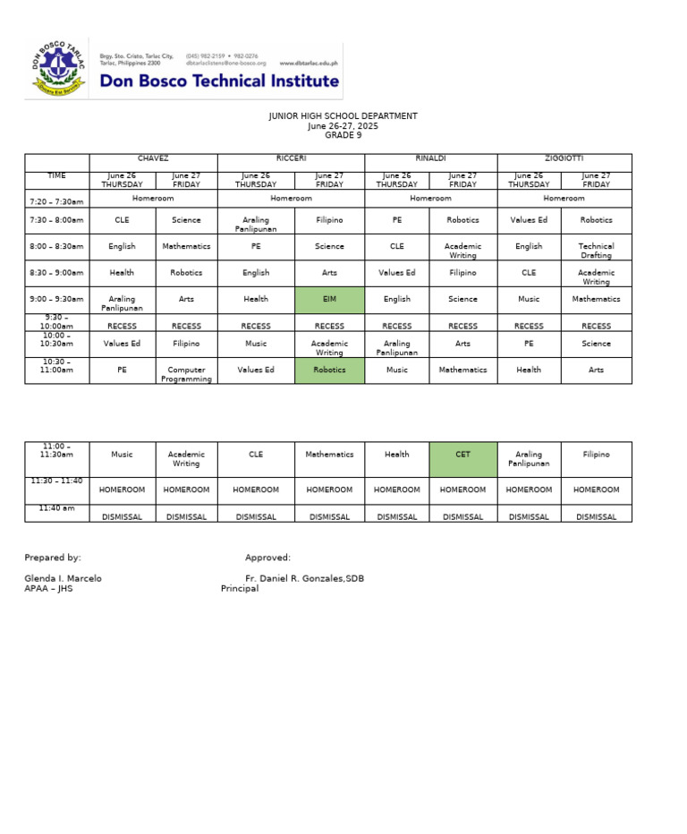 Grade 9 Class Schedule June 2025 | PDF