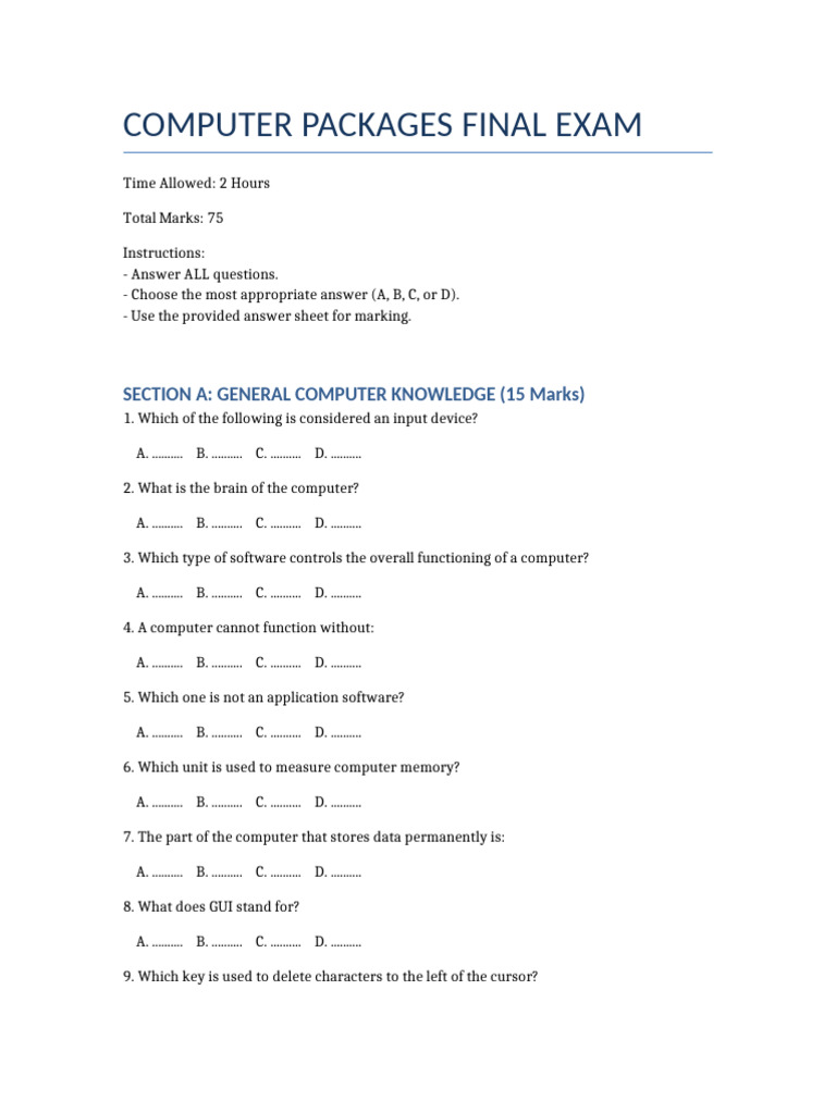 Computer Packages Exam With Answers | PDF | Microsoft Word | Microsoft ...