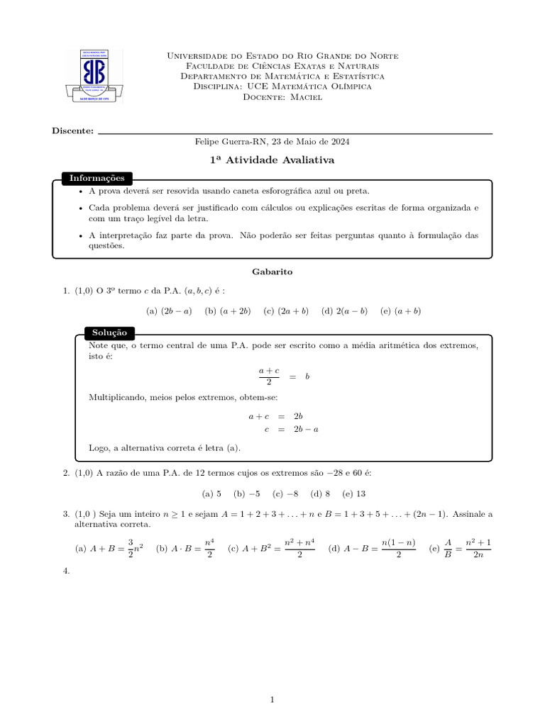 Minhas Provinhas de Matemática Olímpica | PDF | Matemática
