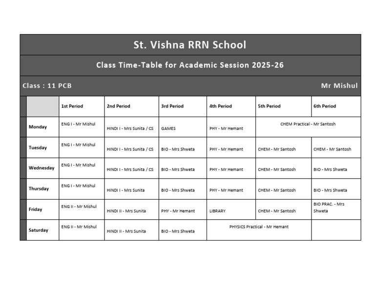 Class 11 PCB Time-Table 2025-26 | PDF