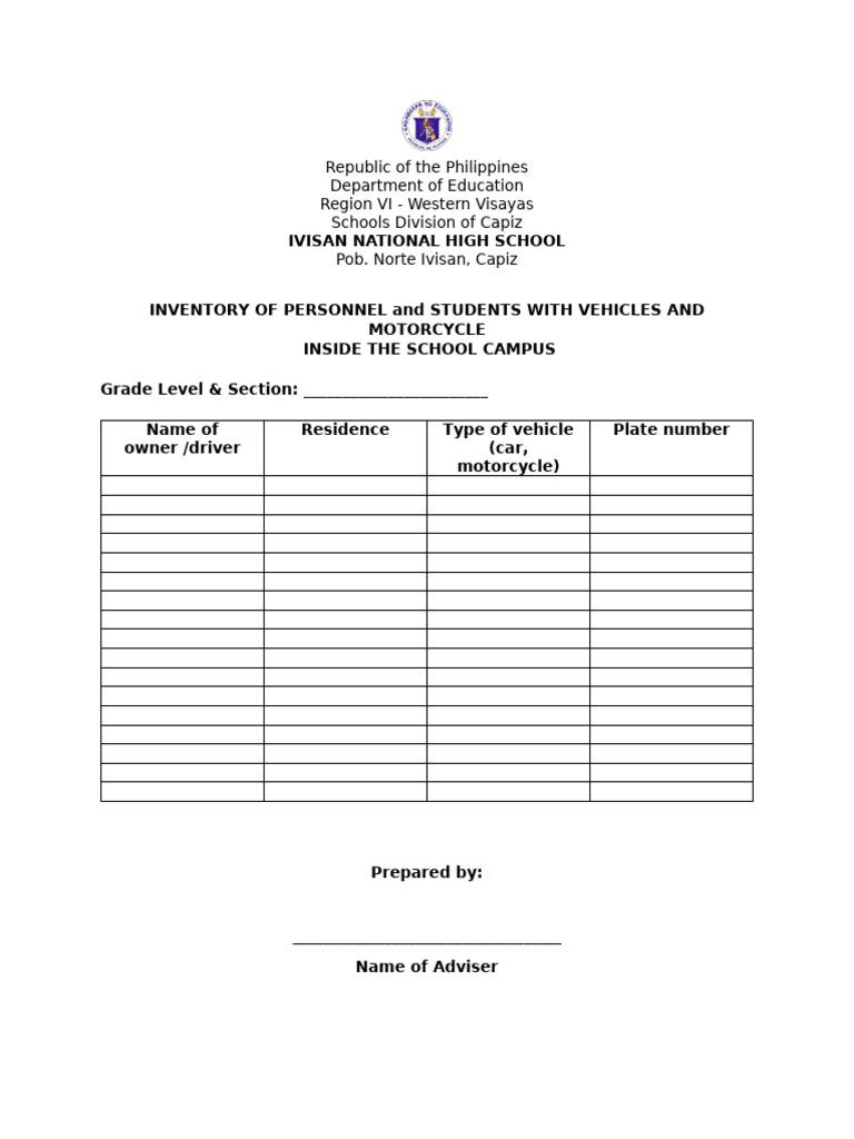 Ivisan National High School Vehicle Inventory | PDF