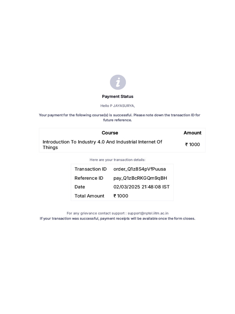 Payment Confirmation for Course Enrollment | PDF