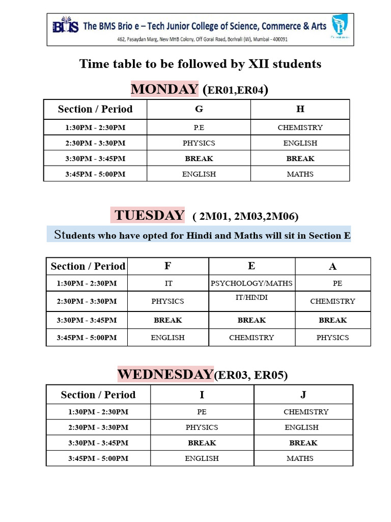XII Students' Timetable Overview | PDF