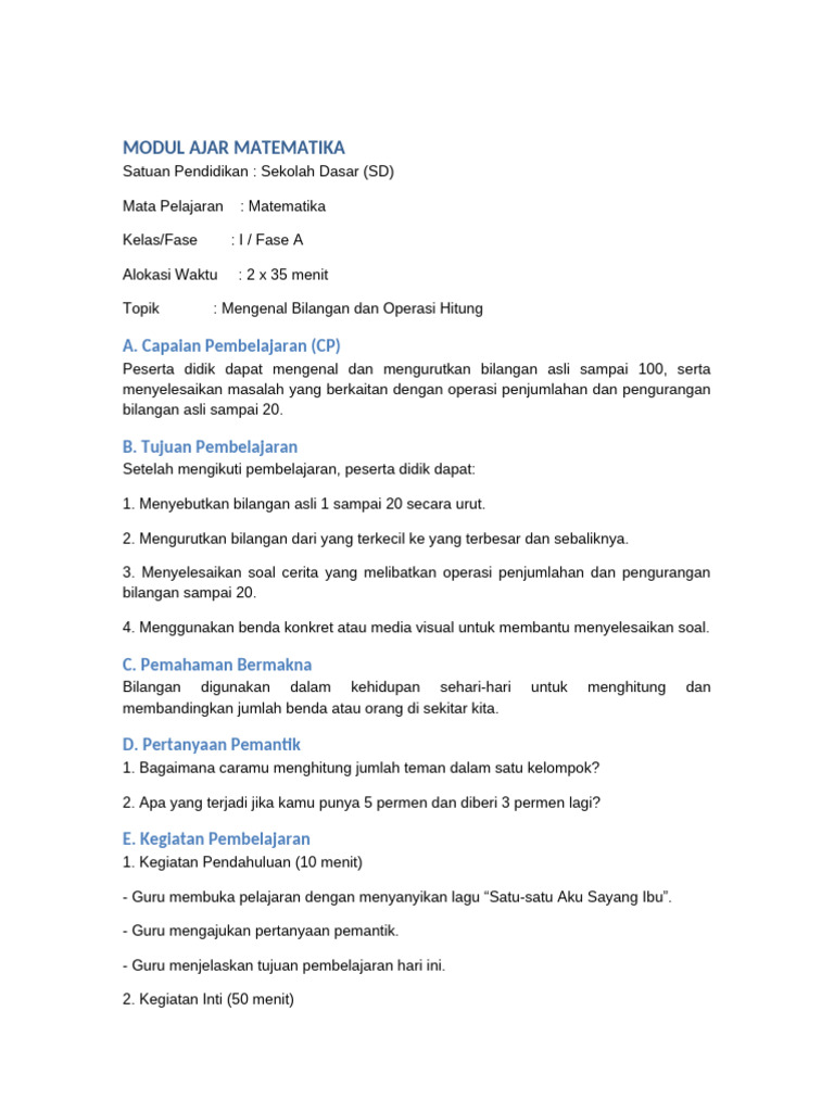 Modul Ajar Matematika Kelas 1 SD | PDF