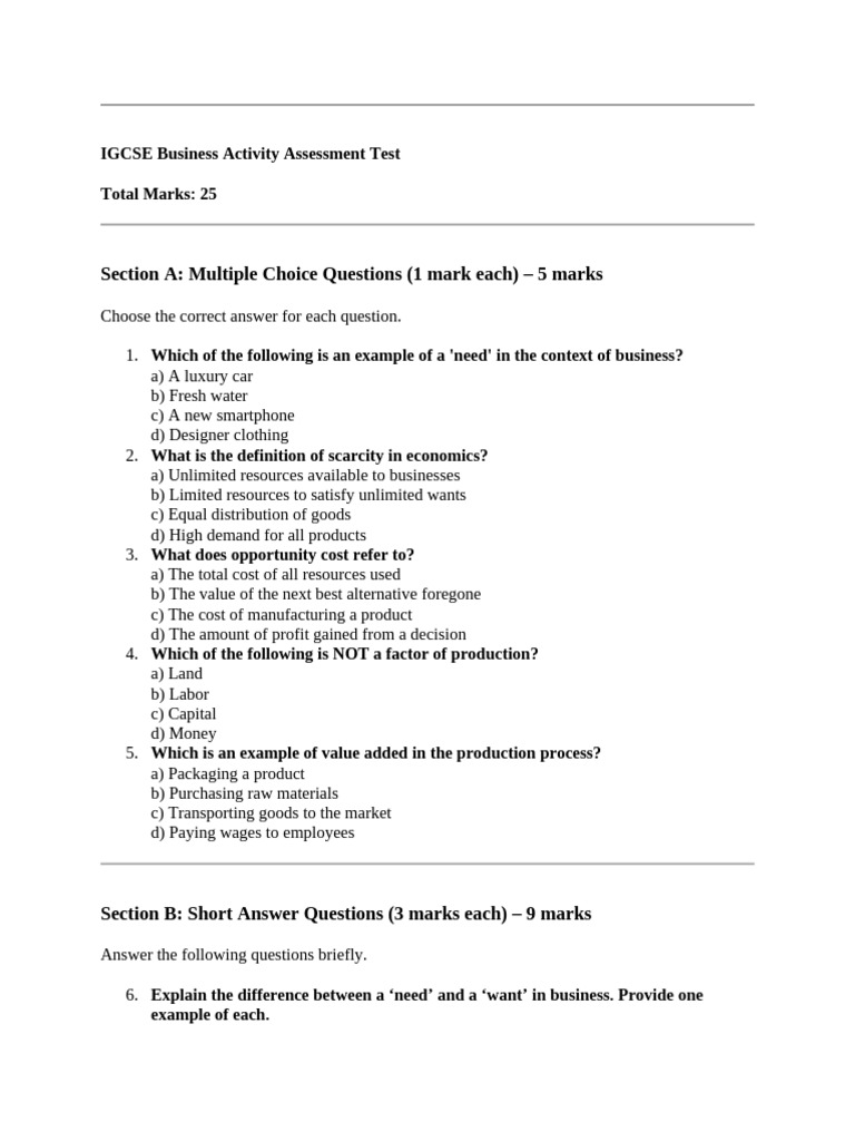 IGCSE Business Activity Test Guide | PDF | Opportunity Cost | Value ...