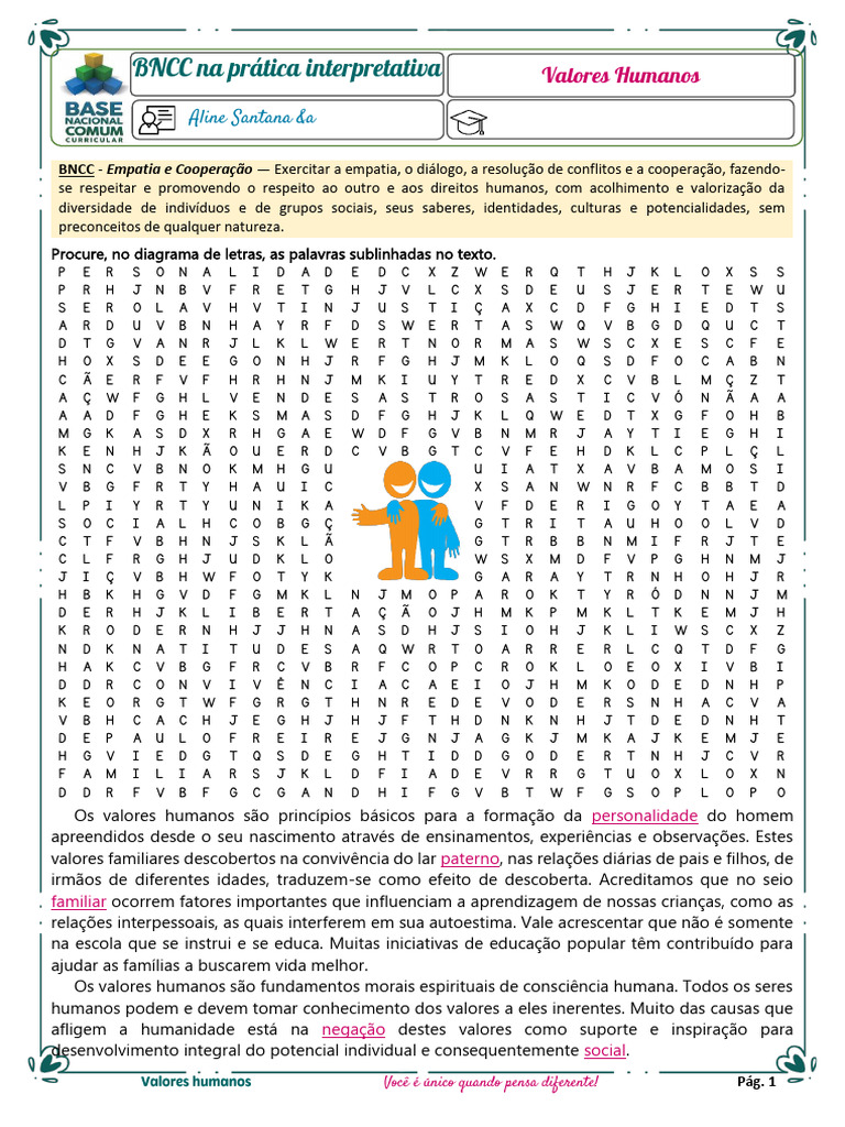 Caça-Palavras: Valores Humanos e Cidadania | PDF | Sociologia | Aprendizado