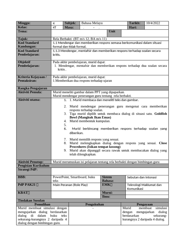 Rencana Pengajaran Bahasa Melayu Kelas 4T | PDF