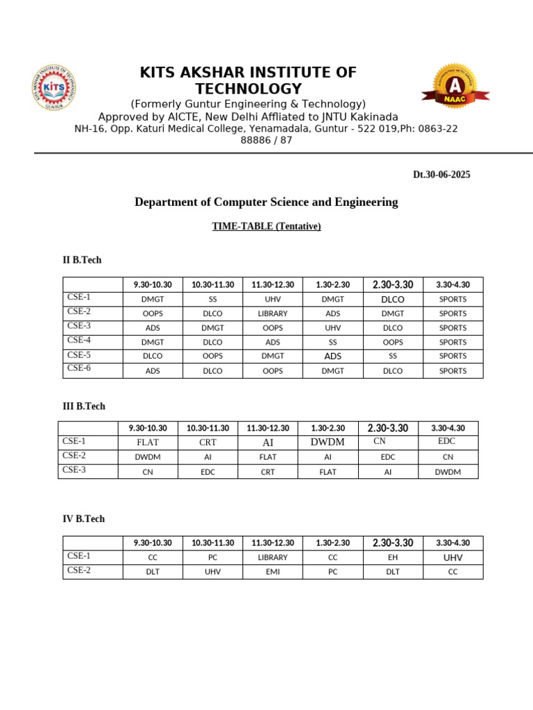 KITS Akshar Institute Timetable 2025 | PDF