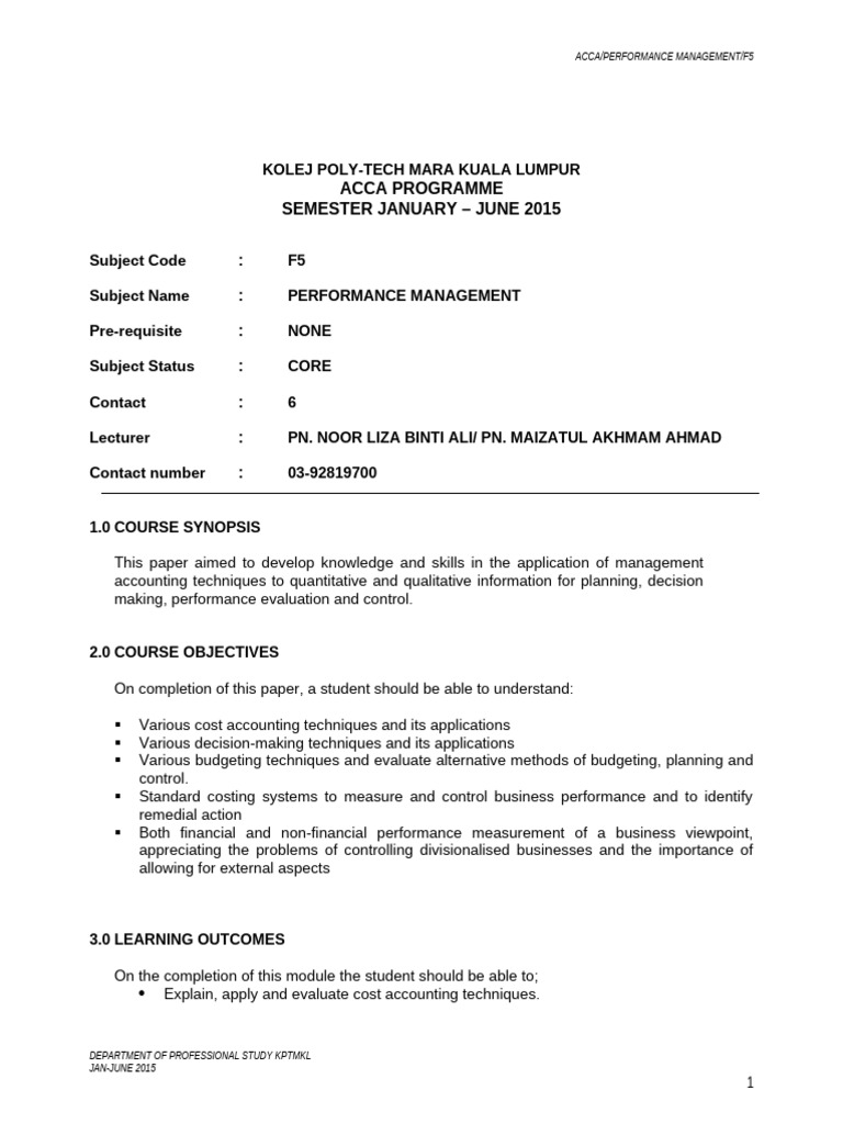 ACCA F5 Performance Management Course Guide | PDF | Pricing | Demand