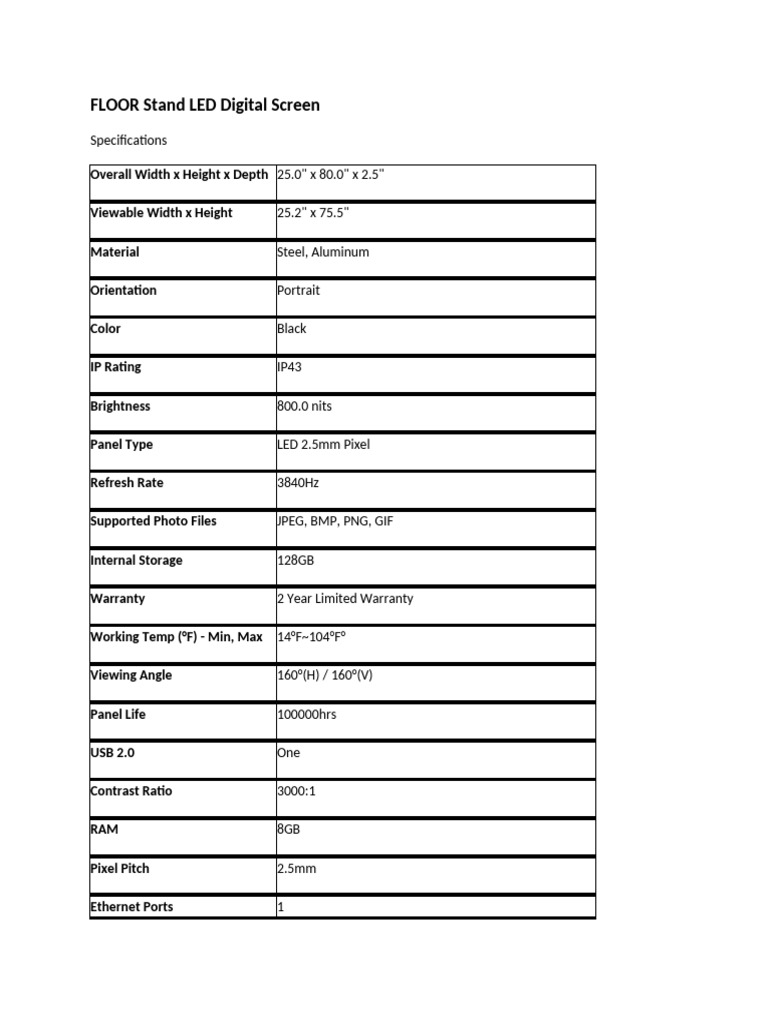 FLOOR Stand LED Digital Screen Specs | PDF