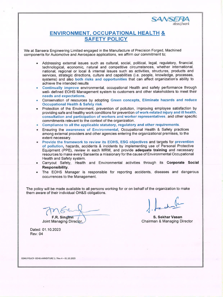 Environment, Occupational Health &safety Policy | PDF