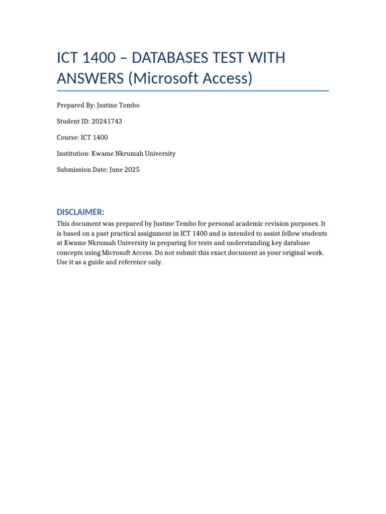 JustineTembo Database Test Answers Shared | PDF | Databases | Microsoft ...