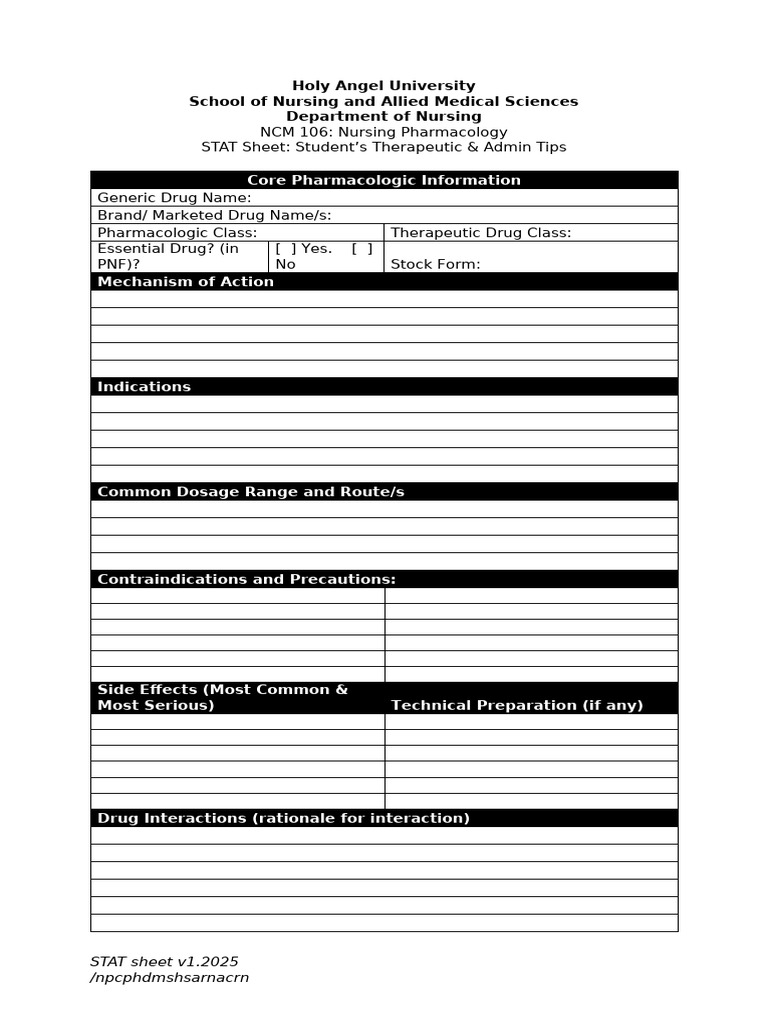Nursing Pharmacology STAT Sheet Guide | PDF
