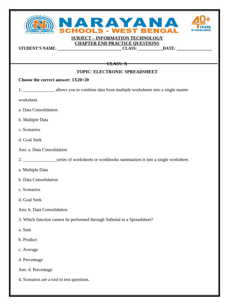 Spreadsheet Practice Questions for IT | PDF | Spreadsheet | Worksheet
