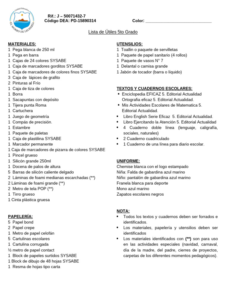 Lista de Útiles para 5to Grado Escolar | PDF