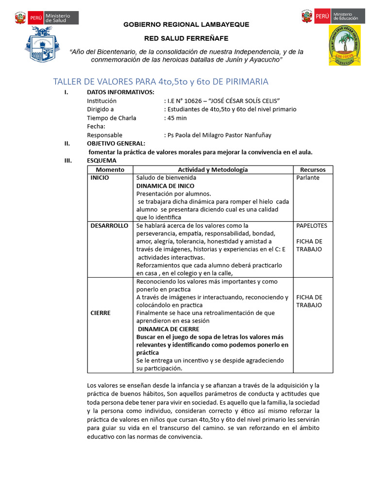 Taller de Valores para Primaria en Lambayeque | PDF | Aprendizaje