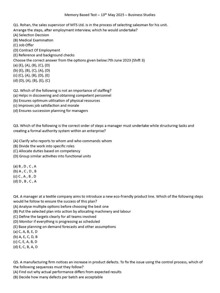Business Studies Memory Test - May 2025 | PDF | Entrepreneurship ...