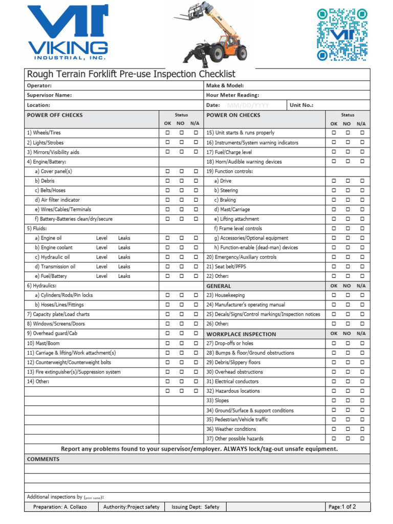 Forklift LULL Pre Use Inspection JLG 1255 | PDF | Forklift | Personal ...