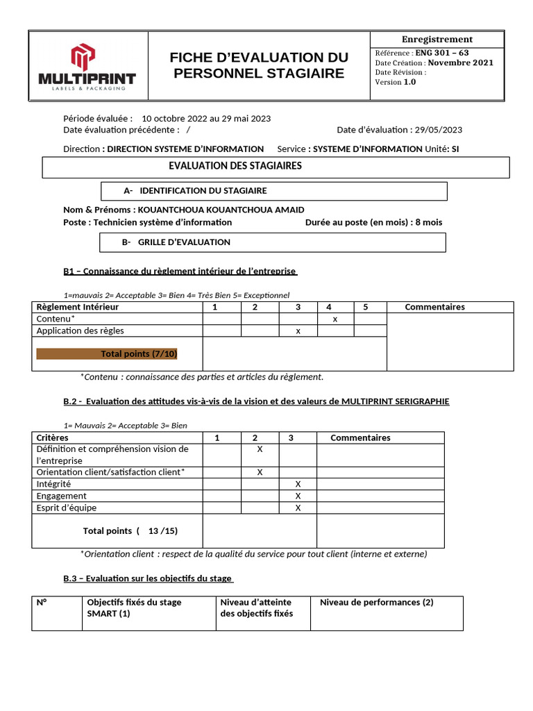 Évaluation du Personnel Stagiaire 2023 | PDF