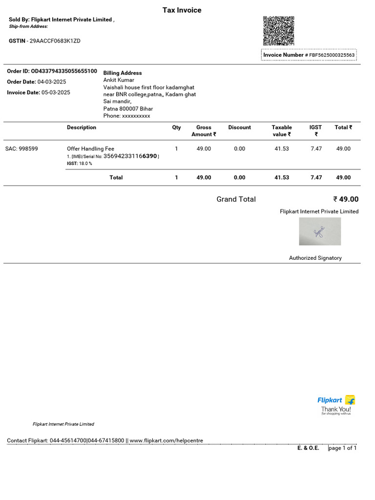 Invoice for Motorola Edge 50 Purchase | PDF