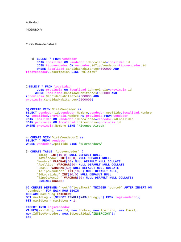 Consultas y Vistas en SQL para Vendedores | PDF | Bases de datos ...