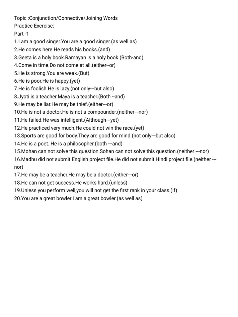 Conjunctions and Connectives Exercises | PDF