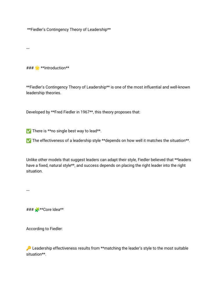 Fiedler's Leadership Contingency Model | PDF | Leadership | Scientific ...