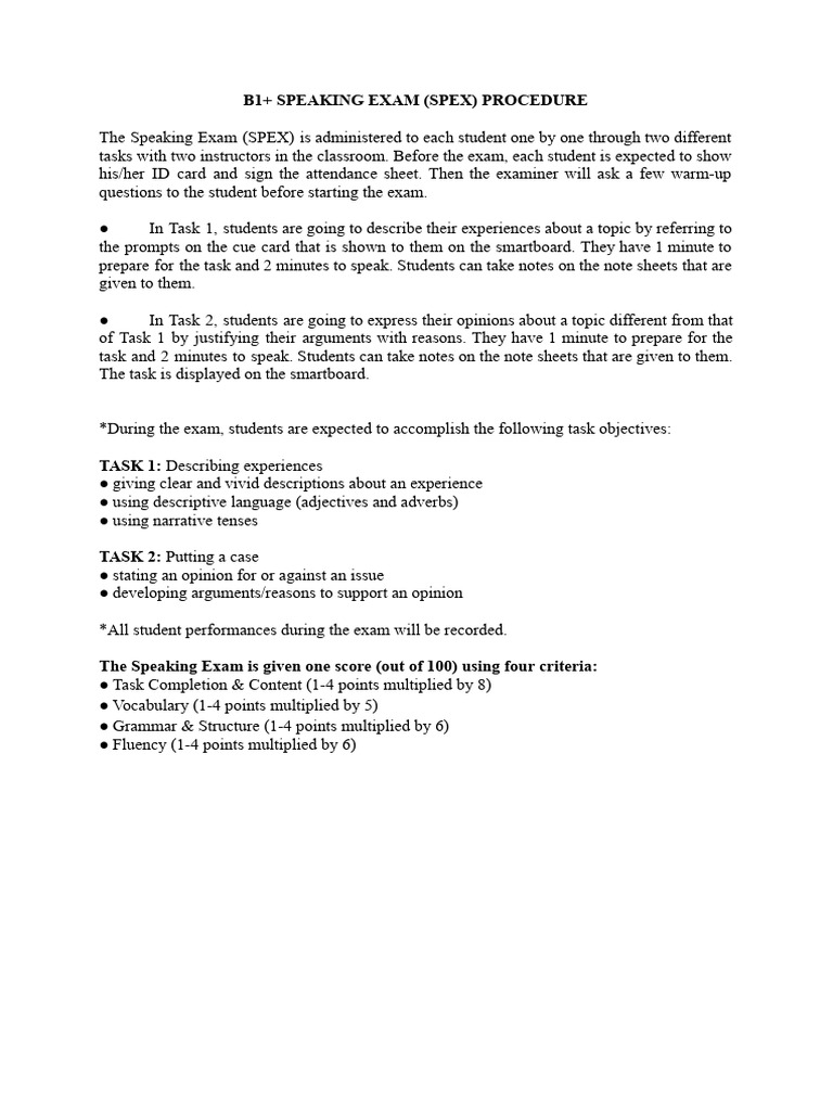 B1+ Speaking Exam Procedure Guide | PDF | Cognition