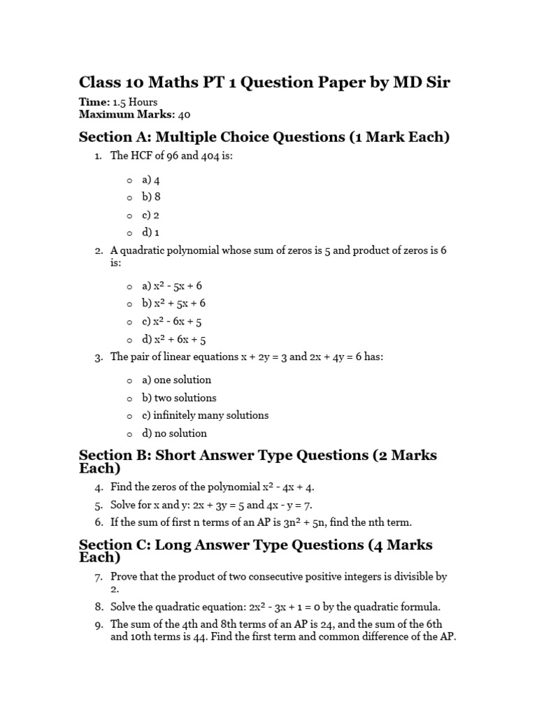 Class 10 Maths PT 1 Question Paper | PDF | Quadratic Equation | Polynomial