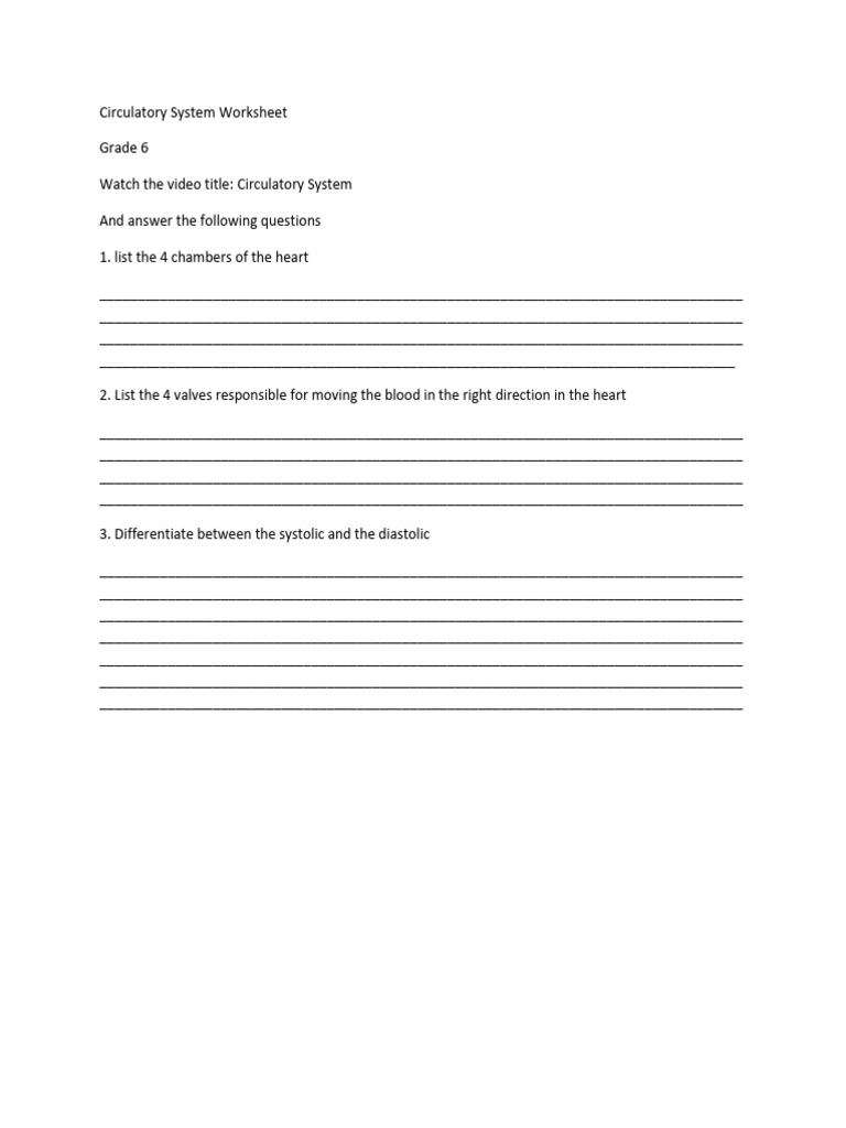 Circulatory System Worksheet Grade 6 | PDF