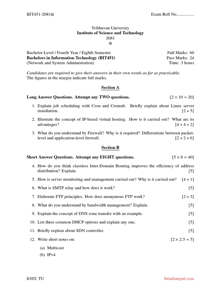 BIT451 Network & System Admin Exam Guide | PDF | Computer Networking ...