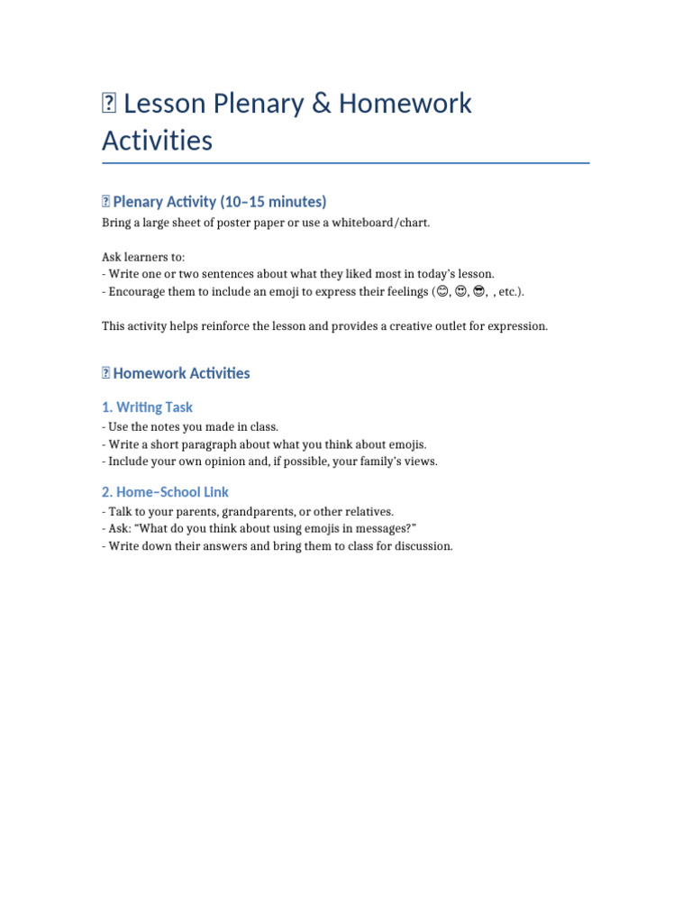 Emoji Reflections: Plenary & Homework | PDF