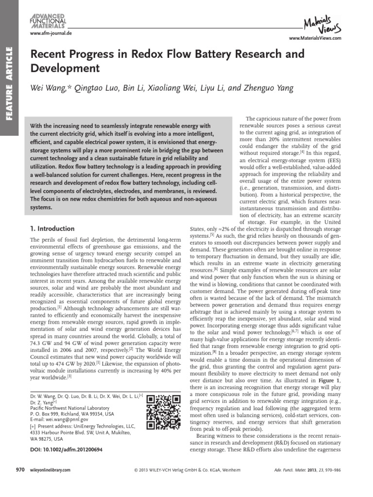 Advances in Redox Flow Battery Tech | PDF | Energy Storage ...